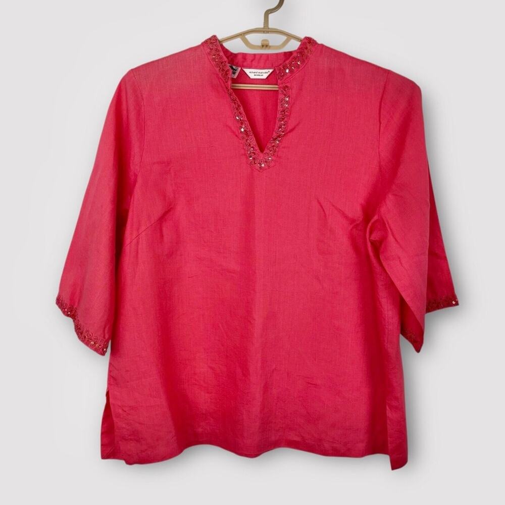 Richard Malcolm 100% Linen Pink Tunic Blouse with Sequin Trim 3/4 Sleeves